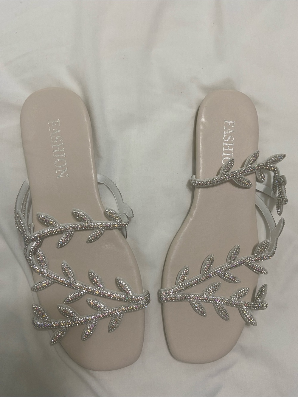ASH Crystal Leaf Strap Beige Slide Sandals